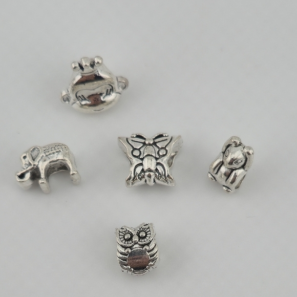 5pc Silver Tone Animal Bead Lot: Owl Elephant Frog Dog Rabbit Spider - Picture 2 of 3